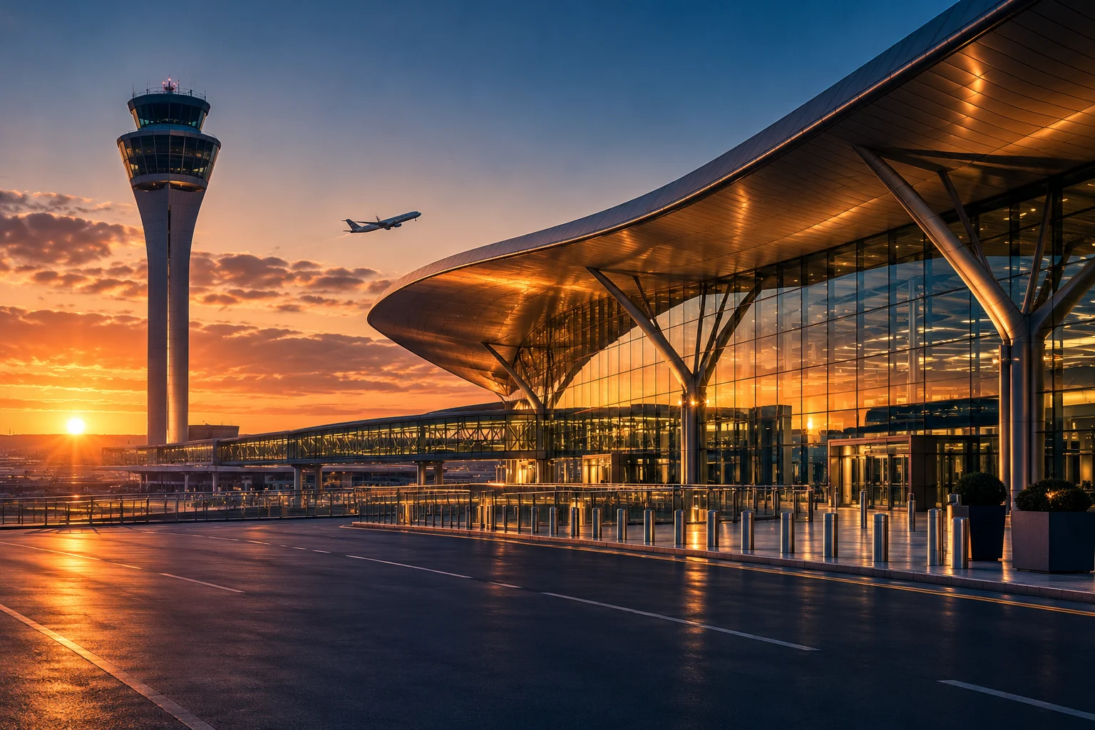 Illustrative airport terminal and control tower at sunrise