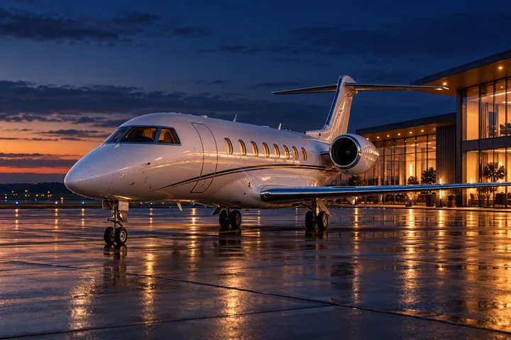 Private jet beside an illuminated aviation terminal