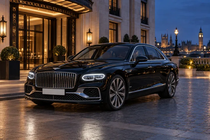 Black Bentley Flying Spur on a London hotel forecourt