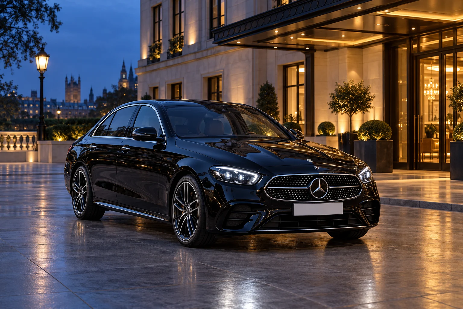 Black Mercedes-Benz E-Class on a hotel forecourt