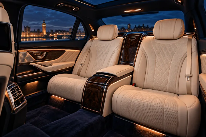 Illustrative luxury passenger cabin with cream leather seats