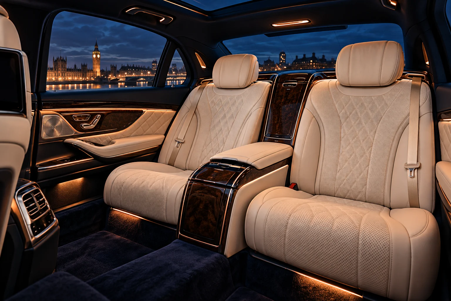 Illustrative luxury passenger cabin with cream leather seats
