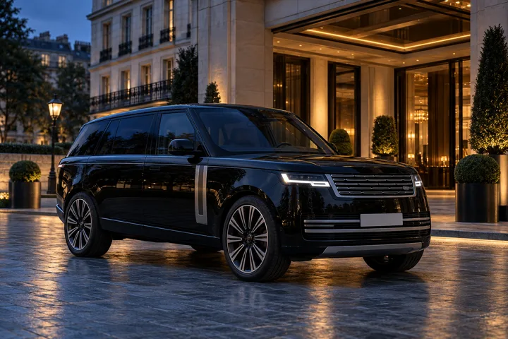 Black Range Rover outside a luxury hotel