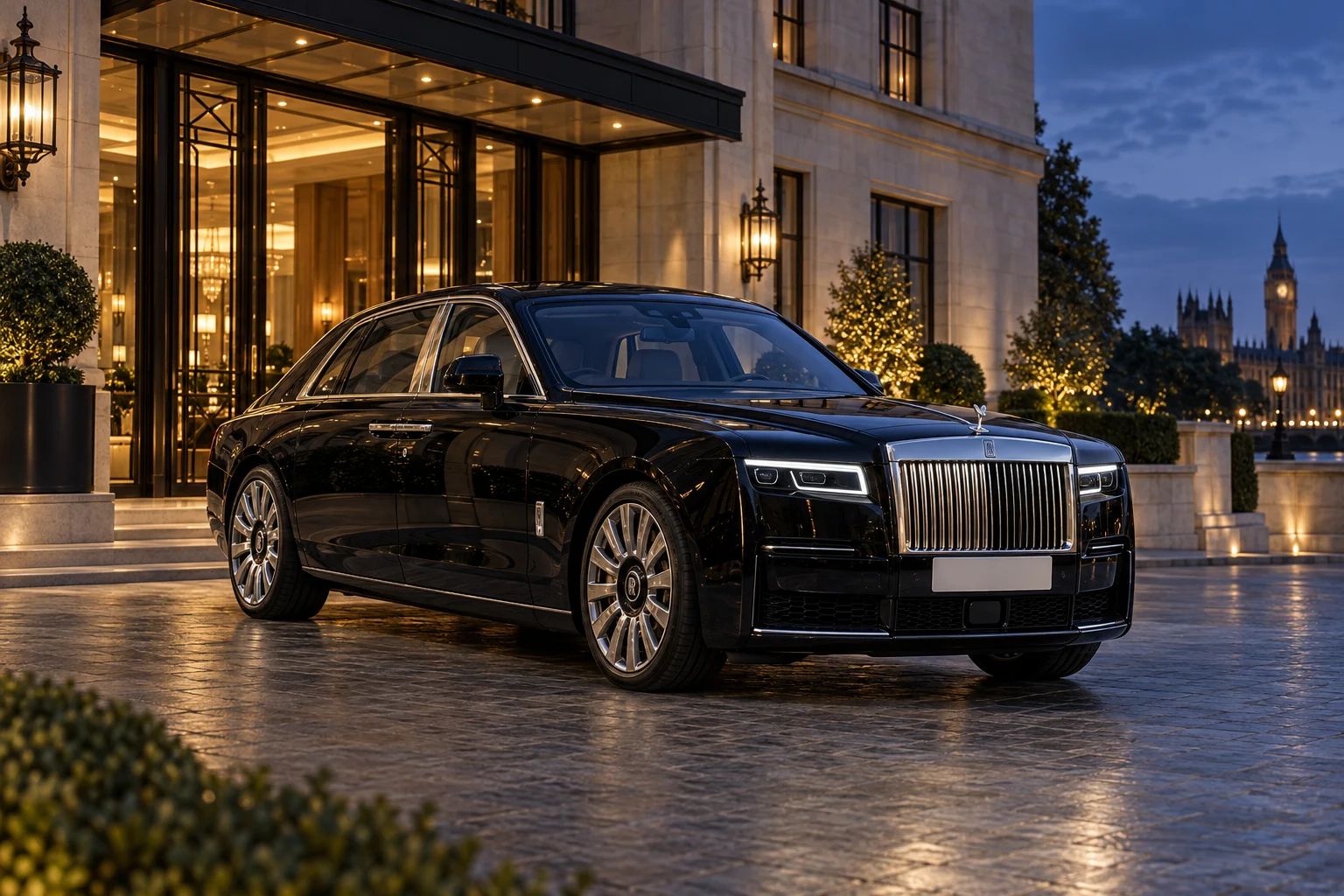Black Rolls-Royce Ghost outside a London hotel