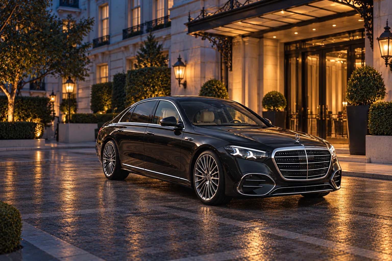 Black Mercedes-Benz S-Class outside an illuminated London hotel