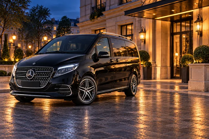 Black Mercedes-Benz V-Class with star-pattern grille outside a luxury hotel
